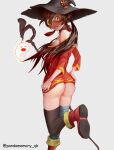 1girl ass ass_focus bandages bandages_on_legs black_legwear brown_hair dress embarrassed from_behind genshin_impact hat high_resolution hu_tao hu_tao_(genshin_impact) jewelry kono_subarashii_sekai_ni_shukufuku_wo! megumin no_panties off_shoulder open_mouth rear_view red_eyes red_skirt ring short_dress simple_background skirt thigh_strap tied_hair twin_tails undersized_clothes very_high_resolution witch_hat
