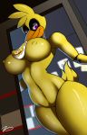 !! animatronic avian bib breasts chica_(fnaf) curvy female five_nights_at_freddy&#039;s large_breasts looking_at_viewer mechanical nude purple_eyes restaurant robot smile solo standing text video_games voluptuous zp92
