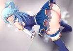  /// 1girl 1girl 1girl :d aqua_(konosuba) arm_support ass bangs bare_ass bent_over big_breasts blue_boots blue_eyes blue_footwear blue_hair blue_skirt blush boots breasts come_hither detached_sleeves dutch_angle eyebrows_visible_through_hair eyelashes female_only from_behind grey_background hair_between_eyes hair_flaps hair_ornament hair_rings heart heavy_breathing high_resolution huge_ass implied_nopan knee_boots kono_subarashii_sekai_ni_shukufuku_wo! long_hair looking_at_viewer looking_back naughty_face no_pants nose_blush open-mouth_smile open_mouth pleated_skirt ponpo ponponmaru sidelocks simple_background skirt smile steam steaming_body stockings sweat thick_thighs thighhighs_under_boots thighs white_legwear white_sleeves white_thighhighs zettai_ryouiki 