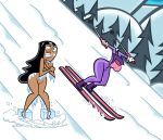  1girl black_hair blue_eyes boots breasts cold danny_phantom dark_skin embarrassing freezing frozen funny gloves grimphantom hair hairless_pussy ice lipstick long_hair nude outfit paulina pussy skiing snow winter 