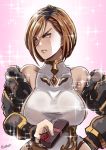 1girl 2015 apollonia apollonia_vaar armor artist_name bangs bare_shoulders black_armor black_knight_(granblue_fantasy) blue_eyes bob_cut box breasts brown_hair butcha-u chocolate clothing detached_sleeves embarrassed eroquis female flower gift gift_box gradient gradient_background granblue_fantasy hair_between_eyes halterneck hand_on_hip large_breasts leotard looking_away md5_mismatch pink_background red_flower red_rose rose short_hair sideboob signature solo sparkle swept_bangs taut_clothes tsundere turtleneck valentine