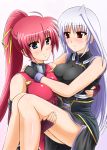  2girls ahoge arms bare_legs bare_shoulders big_breasts black_dress black_gloves blue_eyes blush breast_press breasts carrying chinese_clothes diesel-turbo dress elbow_gloves eye_contact fingerless_gloves gloves hair_between_eyes hair_ribbon hand_on_shoulder legs long_hair looking_at_another looking_at_viewer lyrical_nanoha mahou_shoujo_lyrical_nanoha multiple_girls mutual_yuri neck pink_dress pink_hair ponytail princess_carry purple_gloves red_eyes reinforce ribbon shiny shiny_clothes shiny_hair shiny_skin side_slit signum silver_hair skin_tight sleeveless sleeveless_dress sleeveless_turtleneck smile turtleneck yuri 