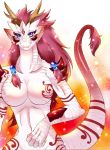 1girl anthro big_breasts breasts claws dragon featureless_breasts female fur hair horn horns kemono long_hair markings non-mammal_breasts nude original original_character pointy_ears purple_eyes red_hair reptile scalie smile solo tail tail_tuft tuft twin_tails unknown_artist white_body