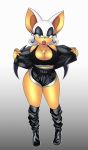  1girl animal_ears anthro bat_wings boots breasts cleavage earrings fangs furry gym_shorts jewelry large_breasts lipstick makeup mascara necklace omegasunburst open_mouth rings rouge_the_bat sega shorts tank_top wings 