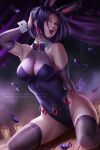  1girl big_breasts bowtie breasts bunny_ears bunny_girl bunnysuit cleavage dc_comics feathers female_only leotard lipstick looking_at_viewer loose_feather olchas purple_eyes purple_hair rachel_roth raven_(dc) stockings teen_titans 