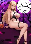  1girl alluring bare_legs bare_shoulders big_breasts black_leotard blonde_hair blush chest_jewel cleavage demon_girl earrings halloween halloween_costume headpiece jewelry kaos_art leotard long_hair looking_at_viewer mythra_(xenoblade) nintendo paid_reward_available smile swept_bangs thick_thighs thighs tiara very_long_hair xenoblade_(series) xenoblade_chronicles_2 yellow_eyes 