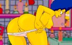  anus ass bent_over blue_hair breasts erect_nipples evilweazel_(artist) marge_simpson panties_down shaved_pussy the_simpsons thighs yellow_skin 