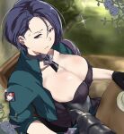  1girl angry annoyed blue_hair breasts byleth_(fire_emblem) byleth_(male) cafekun choker clothed_female disgusted_look female_focus fire_emblem fire_emblem:_three_houses gameplay_mechanics gloves groping groping_breasts hair_between_eyes hand_on_breast huge_breasts imminent_death jacket_on_shoulders nintendo purple_eyes shamir_nevrand short_hair video_game_character video_game_franchise 