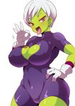  1girl big_breasts bodysuit breasts cheelai cleavage dragon_ball dragon_ball_super dragon_ball_super_(the_movie_of_broly) female female_only konno_tohiro looking_at_viewer solo tease tongue 