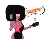  1girl afro apron breasts cleavage cooking frying_pan garnet_(steven_universe) lipstick naked_apron red_lipstick red_skin shiny shiny_skin solo spatula steven_universe sunglasses 