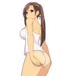 1girl ass blouse bottomless brown_hair hands_on_ass high_res ino_(magloid) kousaka_rino long_hair looking_back otome_function red_eyes simple_background solo tan tan_line twin_tails white_background