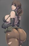  1girl alternate_ass_size ass back back_view belt big_ass big_breasts bikini_top breasts brown_hair edit edited female_only green_eyes grey_background huge_ass huge_breasts human human_only large_ass lips live_for_the_funk looking_at_viewer looking_back metal_gear_solid pale-skinned_female pale_skin ponytail quiet_(metal_gear) sideboob simple_background solo_female tagme thighs 
