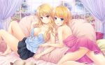  2girls arms back bare_back bare_legs bare_shoulders barefoot blonde_hair blue_eyes blush book breasts camisole cleavage collarbone curtains dress female hair high_res legs long_hair looking_at_viewer looking_back lying multiple_girls n.g. on_stomach open_book open_mouth original pillow pink_dress purple_eyes short_hair sitting skirt smile tongue window yuri 