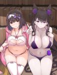  2_girls bakutendou bikini bow breasts brown_hair cleavage cleavage_cutout double_bun fate/grand_order fate_(series) hair_bow hairband large_breasts light-skinned_female light_skin long_hair looking_at_viewer multicolored_hair multiple_girls murasaki_shikibu navel open_mouth osakabehime_(fate) purple_bow purple_eyes red_eyes sitting swimsuit thighhighs white_legwear 