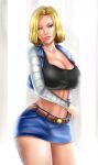 1girl android_18 big_breasts blonde blonde_hair blue_eyes cleavage curvy dragon_ball erect_nipples female_only flowerxl huge_ass huge_breasts short_hair solo_female thick_lips voluptuous wide_hips yellow_hair
