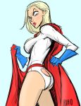  alien ass blonde_hair blue_background blue_eyes blush cape clones dc dc_comics embarrassing gloves lipstick looking_back looking_down mad power_girl red_lipstick torn_clothing wardrobe_malfunction 