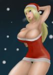 1girl arm_up armpit babe bare_shoulders beauty_mark big_breasts blonde_hair blue_eyes breasts christmas christmas_outfit cleavage female female_only green_panties hand_on_breast hat huge_breasts long_hair looking_at_viewer metroid mole nintendo one_arm_up panties pantyshot pose qwerty6699 red_dress samus_aran santa_costume santa_hat santa_outfit smile snowflakes solo_female strapless strapless_dress sweat
