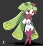  1_girl 1girl big_breasts breasts female female_only female_pokemon green_hair hairless_pussy himawari-1337 long_hair looking_at_viewer mostly_nude pokemon pussy red_eyes solo standing tsareena 
