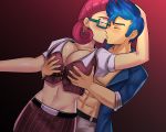  1_boy 1_girl 1boy 1girl bare_midriff bespectacled breasts closed_eyes earrings equestria_girls female flash_sentry flash_sentry_(mlp) flower_earrings friendship_is_magic glasses grabbing_from_behind hands_on_breasts kissing male male/female mostly_clothed mrs_shy_(mlp) my_little_pony rectangular_eyewear skirt standing 