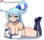  1girl 1girl 1girl aqua_(konosuba) artist_name ass blue_eyes blue_hair blush boots breasts clavicle cleavage darkprincess04 detached_sleeves english_text eyebrows_visible_through_hair food heart high_heel_boots high_heels high_resolution kono_subarashii_sekai_ni_shukufuku_wo! legs_up long_hair looking_at_viewer lying medium_breasts motion_lines nipples nude on_stomach pocky posterior_cleavage shoes stockings text the_pose very_high_resolution white_background 