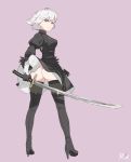 1girl ahoge artist_name ass black_dress black_gloves black_legwear boots cosplay dress dress_lift eyebrows_visible_through_hair fate/grand_order fate_(series) feather-trimmed_sleeves from_behind full_body gloves high_heel_boots high_heels high_resolution holding holding_sword holding_weapon jeanne_d&#039;arc_(alter) jeanne_d&#039;arc_(fate) juliet_sleeves katana long_sleeves nier:_automata nier_(series) no_blindfold no_leotard puffy_sleeves r3dfive shoes short_hair silver_hair simple_background standing stockings sword thigh_high_boots thighhighs_under_boots vambraces weapon wicked_dragon_witch_ver._shinjuku_1999 wind wind_lift yellow_eyes yorha_2b_(cosplay) yorha_no._2_type_b