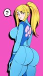 1_girl 1girl ass big_breasts blonde blonde_hair blue_eyes clothed dat_ass female female_only huge_ass jam-orbital long_hair looking_at_viewer metroid nintendo ponytail samus_aran sideboob solo standing tight_clothes zero_suit 
