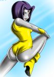  1_girl 1girl ass curvy curvy_figure dat_ass dc dc_comics gold grey_skin grin heel_boots high_heels hips lady_legasus leotard looking_at_viewer looking_back purple_hair raven_(dc) shiny_skin smile solo_female sseanboy23 teen_titans teen_titans_go thick_thighs 