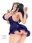 1girl armpits ass bare_shoulders black_hair breasts brown_eyes cleavage curvy erect_nipples hourglass_figure huge_ass huge_breasts long_hair looking_at_viewer looking_back mikanberry nico_robin one_piece pixiv_manga_sample ponytail simple_background smile solo straw_hat_pirates white_background wide_hips