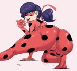  1girl 1girl ass ass bard-bot big_ass bodysuit cameltoe looking_at_viewer looking_back marinette_cheng miraculous_ladybug open_mouth rear_view skin_tight tongue tongue_out 