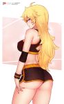  1girl 1girl 1girl ahoge alternative_costume arm_at_side artist_name ass back back_cutout bangs bare_shoulders big_breasts black_shorts blonde bluefield bra breasts crop_top eyebrows_visible_through_hair from_behind high_resolution long_hair looking_at_viewer looking_back midriff patreon_logo patreon_username purple_eyes rwby short_shorts shorts smile sports_bra sweat thighs underwear watermark web_address wristband yang_xiao_long 