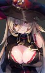  1girl arm_under_breasts bare_shoulders black_gloves blonde_hair bra breasts cape cleavage cleavage_cutout elbow_gloves fang gloves hair_between_eyes hat lace lace_bra large_breasts long_hair looking_at_viewer nijisanji nui_sociere orange_eyes underwear upper_body virtual_youtuber wing_collar witch_hat 