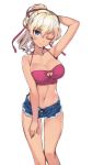  1girl ;) arm arm_up arms babe bad_id bare_legs bare_shoulders belly big_breasts blonde_hair blue_eyes breasts cleavage collarbone denim denim_shorts female hair highres large_breasts legs long_hair looking_at_viewer matsuryuu midriff navel one_eye_closed original ponytail short_shorts shorts simple_background sketch smile solo tank_top white_background wink 