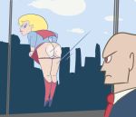  alien angry ass bald bent_over blonde_hair blue_eyes boots brown_eyes bubble_butt cape city dc female flashing flying funny human lex_luthor lipstick looking_back mooning panties_around_legs panties_down panties_pull panties_pulling red_panties smile suit super_best_friends_forever supergirl surprise tie wide_hips window 