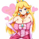 1girl alluring big_breasts blonde_hair blue_eyes blush breasts brooch bursting_breasts cleavage contrapposto crown dress earrings elbow_gloves gloves hand_on_hip heart jewelry large_breasts long_hair looking_at_viewer no_bra pendant princess_peach smile solo super_mario_bros.