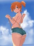 1_girl 1girl ass beach day denim_shorts female female_human female_only human kasumi_(pokemon) looking_at_viewer looking_back misty misty_(pokemon) no_bra orange_hair outdoor outside pok&eacute;mon pokemon pokemon_character short_hair short_shorts sky solo standing suspenders topless topless_female