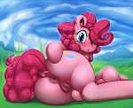  1girl anus ass blue_eyes blush cutie_mark earth_pony female female_only friendship_is_magic looking_at_viewer lying my_little_pony nude outdoor outside pinkie_pie pinkie_pie_(mlp) pony presenting_hindquarters pussy randomdouche solo tail 