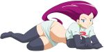  1girl big_breasts blue_eyes breasts caisamax earrings elbow_gloves female_only humans_of_pokemon jessie_(pokemon) legs long_hair looking_at_viewer lying lying_on_stomach midriff musashi_(pokemon) navel nintendo pokemon pokemon_(anime) red_hair skirt smile solo_female team_rocket thigh_high_boots thighs wide_hips zettai_ryouiki 