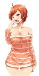  1girl ahoge alp art babe bare_legs bare_shoulders blush breasts brown_eyes cleavage collarbone female hair harumi_sawara highres legs long_sleeves looking_at_viewer messy_hair naked_sweater neck off_shoulder one_eye_closed open_mouth orange_hair ribbed_sweater shiny shiny_hair short_hair simple_background solo standing striped striped_sweater thigh_gap tokyo_7th_sisters white_background wince yawning 