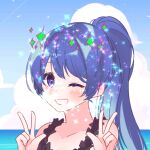  bikini blue_eyes blue_hair double_v looking_at_viewer smile v winking 