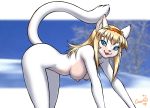  2004 areola blonde_hair blue_eyes breasts cute dr_comet feline female fur furry kneeling large_breasts long_hair long_tail looking_at_viewer nipples nude outside snow tail tongue tongue_out white_fur 