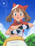  1_girl 1girl big_breasts blue_eyes breasts clothed exposed_breasts forest haruka_(pokemon) looking_at_viewer may may_(pokemon) medium_breasts miraa_(chikurin) nipples no_bra pokemon solo_focus sweat sweating 