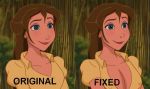  before_and_after big_breasts breasts cleavage disney edit female female_only fixed jane_porter large_breasts nipples_visible_through_clothing no_bra original shirt_open tarzan 