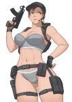  1girl alternate_version_available artist_request backpack belt big_breasts bra capcom clothed_female earpiece female_focus female_only fingerless_gloves gun harness hat holster jill_valentine long_hair mature mature_female panties resident_evil resident_evil_5 skorpion_vz._61 solo_female solo_focus submachine_gun thigh_strap uniform video_game_character video_game_franchise weapon 
