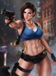 1girl abs alluring athletic_female big_breasts blue_eyes breasts brown_hair capcom clothed clothed_female clothing dandon_fuga female_abs female_focus female_only fit fit_female gun high_res high_resolution holding_gun holding_weapon jill_valentine mature mature_female navel necklace nipples patreon patreon_paid patreon_reward resident_evil resident_evil_3 resident_evil_3_remake shirt short_hair solo_female solo_focus toned toned_female video_game_character video_game_franchise