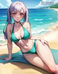 1girl ai_art ai_generated anime anime_style beach beach_background bikini black_clover green_bikini hentai light_skin medium_ass medium_breasts noelle_silva pink_eyes ponytail sexy_body silver_hair tanning