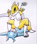1girl blue_eyes bouncing_breasts breasts cowgirl_position digimon digimon_tamers femdom male male/female rdk renamon straddling veemon