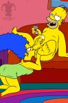  anilingus ass beer bent_over blargsnarf clothed_female_nude_male couch handjob homer_simpson jester_(artist) marge_simpson nude oral pearls penis rug smile spread_legs testicles the_simpsons yellow_skin 