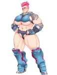  1girl abs big_breasts blizzard_entertainment blush breasts embarrassed highres huge_breasts muscle muscular_female muscular_legs nervous overwatch short_hair sundown sunnysundown sweat thick_legs thick_thighs tight_clothing video_games zarya 