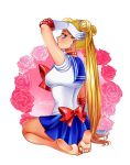  1girl arm_support arm_up art babe bare_legs barefoot bishoujo_senshi_sailor_moon blonde blonde_hair blue_eyes blue_skirt bow choker cloveras double_bun dress earrings elbow_gloves feet floral_background flower full_body gloves grin hair_ornament high_res jewelry legs long_hair looking_at_viewer looking_back magical_girl naughty_face pink_rose pleated_skirt red_bow red_ribbon ribbon rose sailor_moon school_uniform serafuku shiny shiny_hair sitting skirt smile tsukino_usagi twin_tails usagi_tsukino white_gloves 