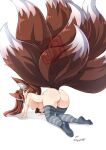  1girl 1girl 1girl all_fours animal_ear_fluff animal_ears areola ass big_breasts breasts brown_hair elquijote erect_nipples female_only female_solo fox_girl fox_tail full_body hanging_breasts kitsune kitsunemimi looking_at_viewer looking_back ninetails_youkai nipples nude original stockings striped striped_legwear striped_thighhighs tail 